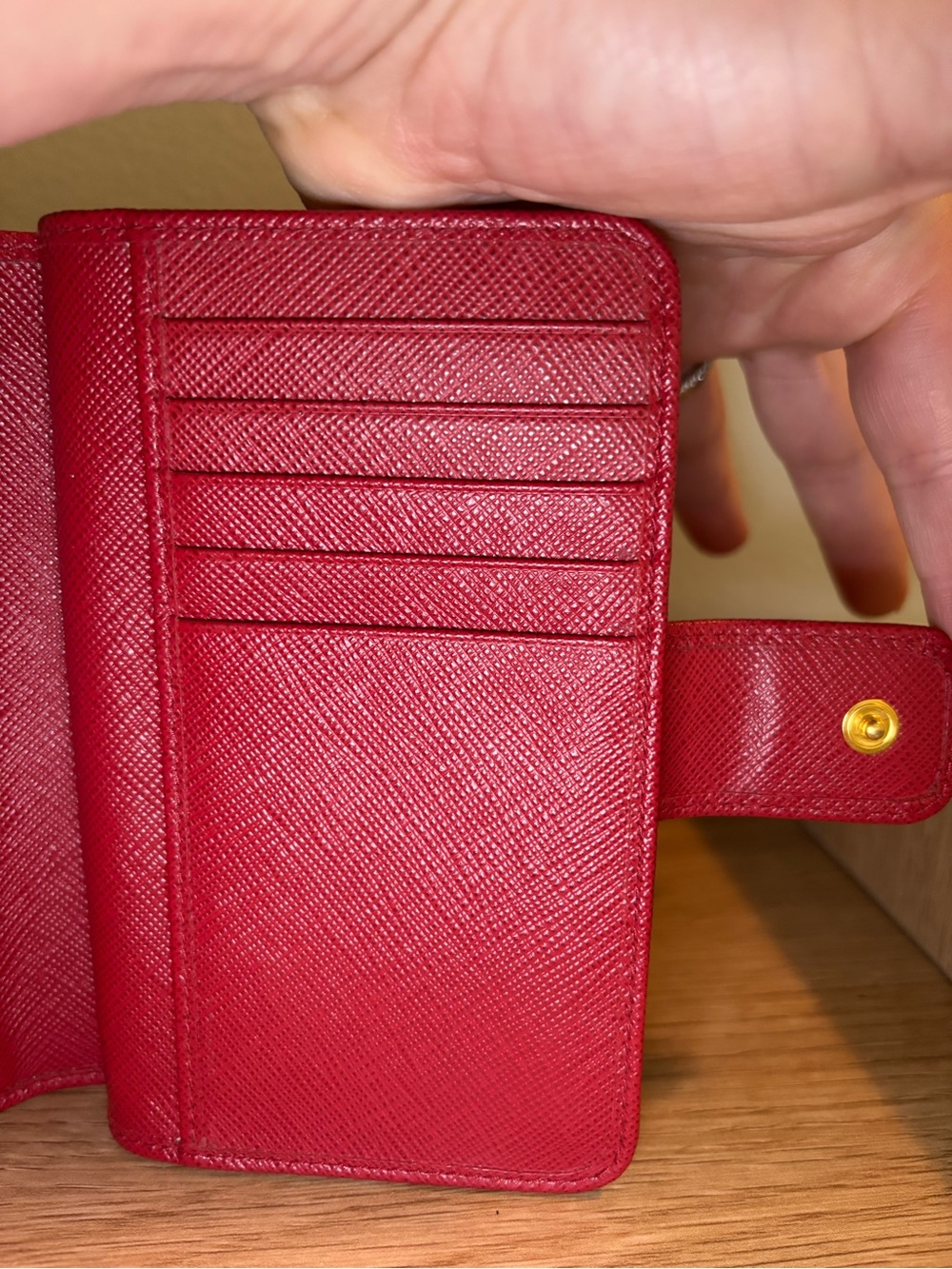 Prada Red Saffiano Compact Wallet with Gold Triangle Logo - Picture 9 of 11